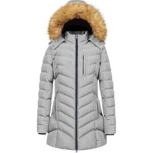 Women's Gray Winter Warm Long Hooded Puffer Jacket Coat Fabric Waterproof